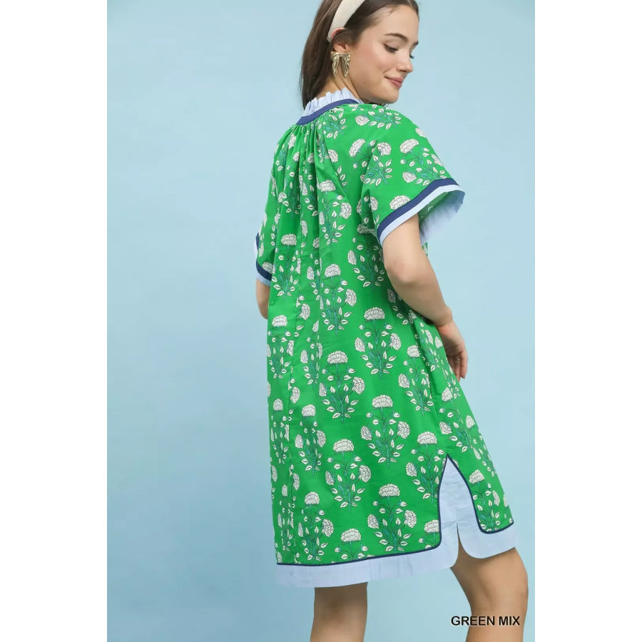 Umgee Printed Split Neck Short Sleeve Shift Dress Apparel and Accessories