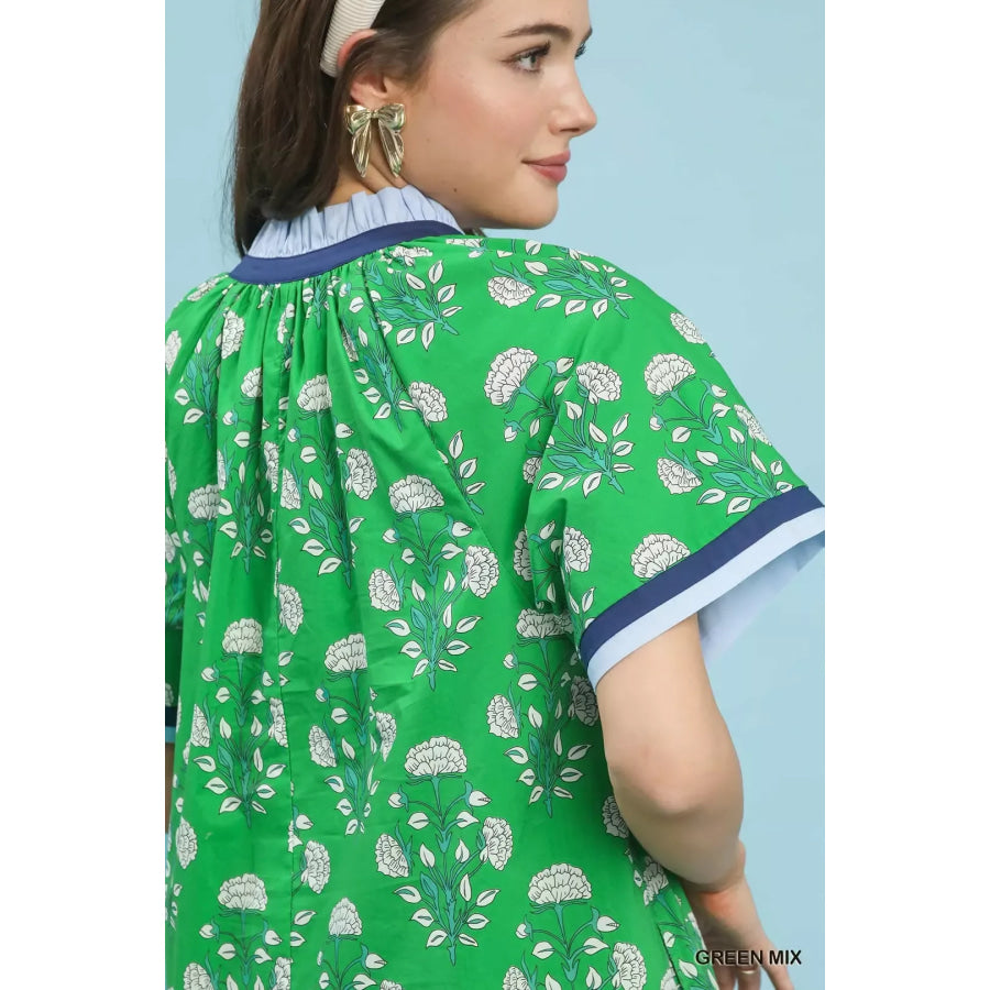 Umgee Printed Split Neck Short Sleeve Shift Dress Apparel and Accessories