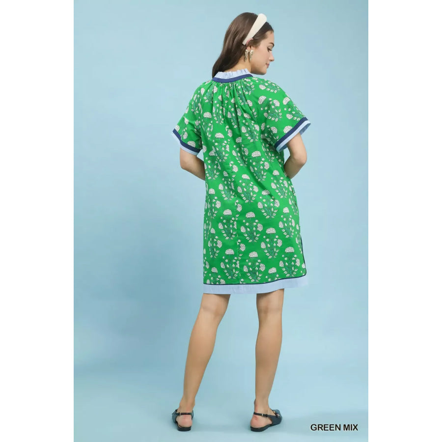 Umgee Printed Split Neck Short Sleeve Shift Dress Apparel and Accessories
