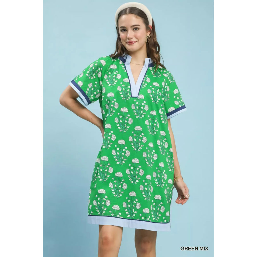Umgee Printed Split Neck Short Sleeve Shift Dress Apparel and Accessories