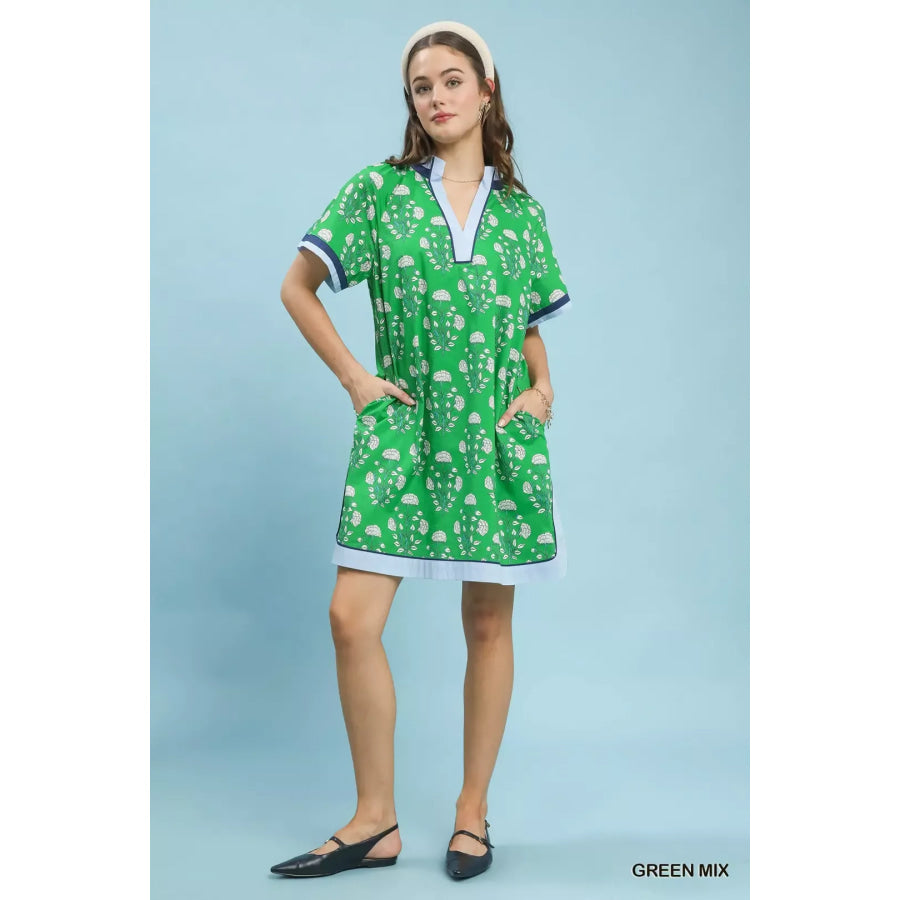 Umgee Printed Split Neck Short Sleeve Shift Dress Apparel and Accessories