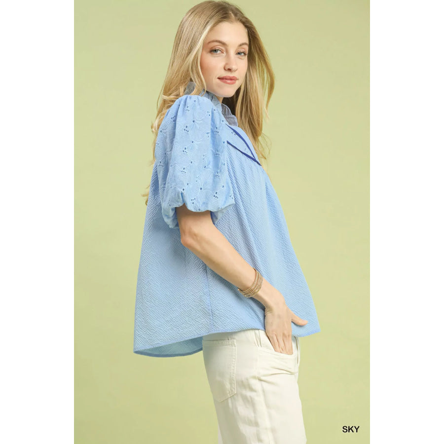 Umgee Puff Sleeve Eyelet Mix Top with Contrast Piping Apparel and Accessories