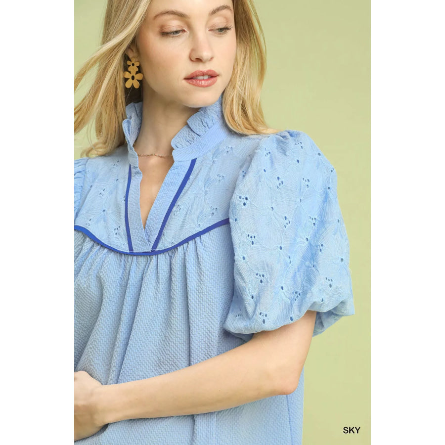 Umgee Puff Sleeve Eyelet Mix Top with Contrast Piping Apparel and Accessories