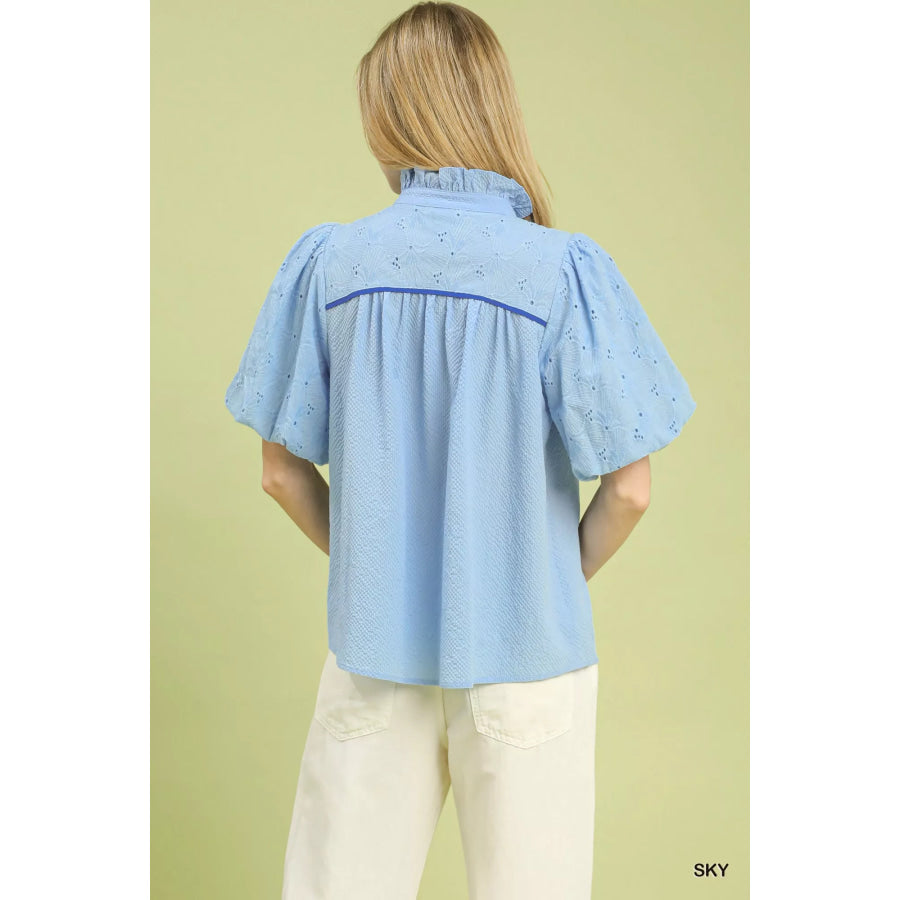 Umgee Puff Sleeve Eyelet Mix Top with Contrast Piping Apparel and Accessories
