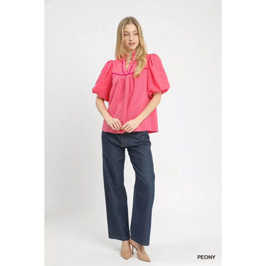 Umgee Puff Sleeve Eyelet Mix Top with Contrast Piping PEONY / S Apparel and Accessories