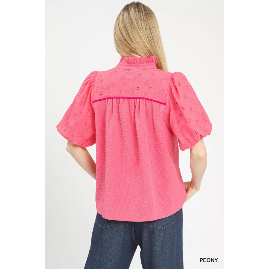 Umgee Puff Sleeve Eyelet Mix Top with Contrast Piping Apparel and Accessories