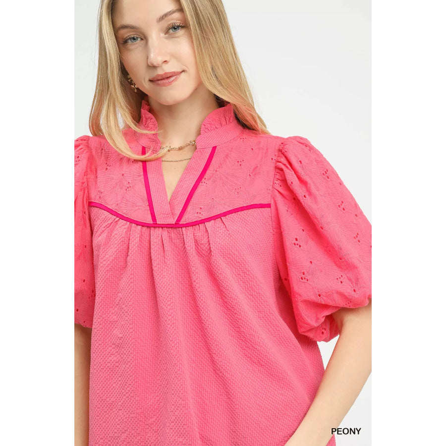 Umgee Puff Sleeve Eyelet Mix Top with Contrast Piping Apparel and Accessories