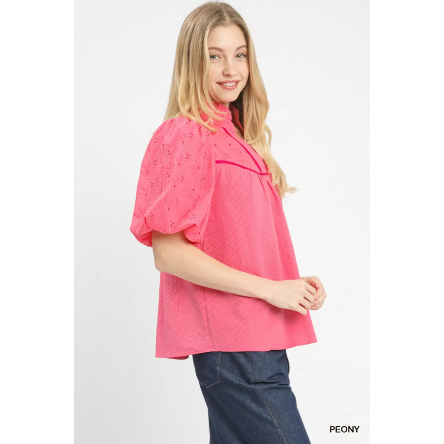 Umgee Puff Sleeve Eyelet Mix Top with Contrast Piping Apparel and Accessories