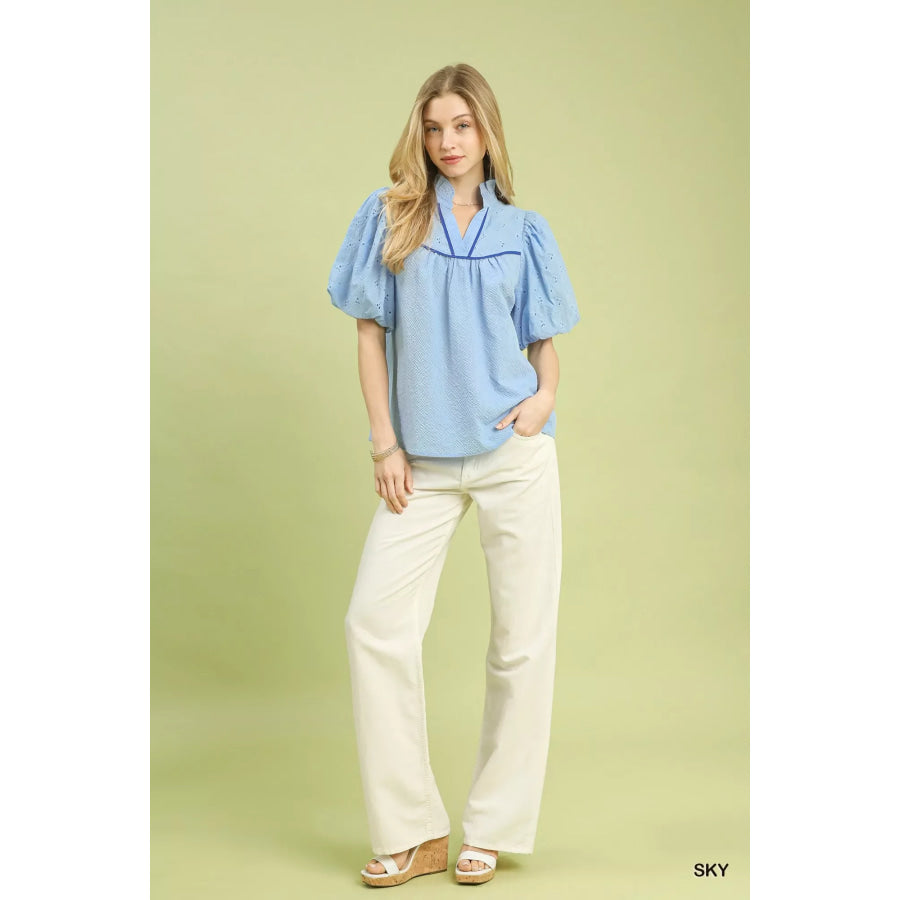 Umgee Puff Sleeve Eyelet Mix Top with Contrast Piping SKY / S Apparel and Accessories