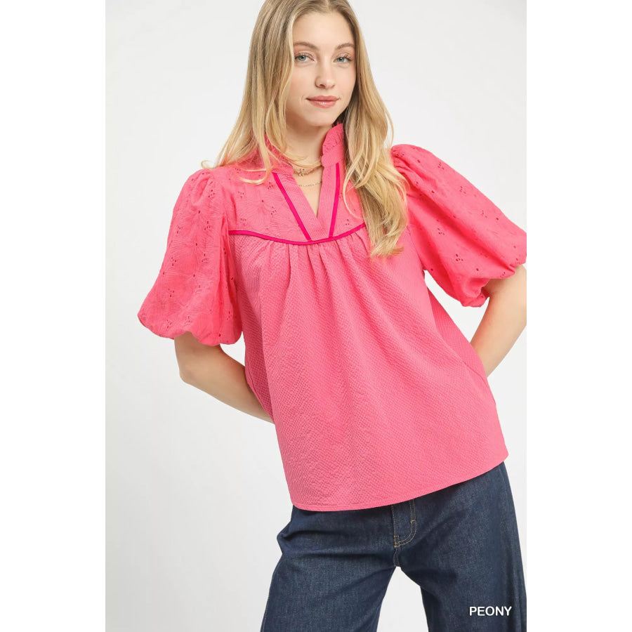 Umgee Puff Sleeve Eyelet Mix Top with Contrast Piping PEONY / S Apparel and Accessories