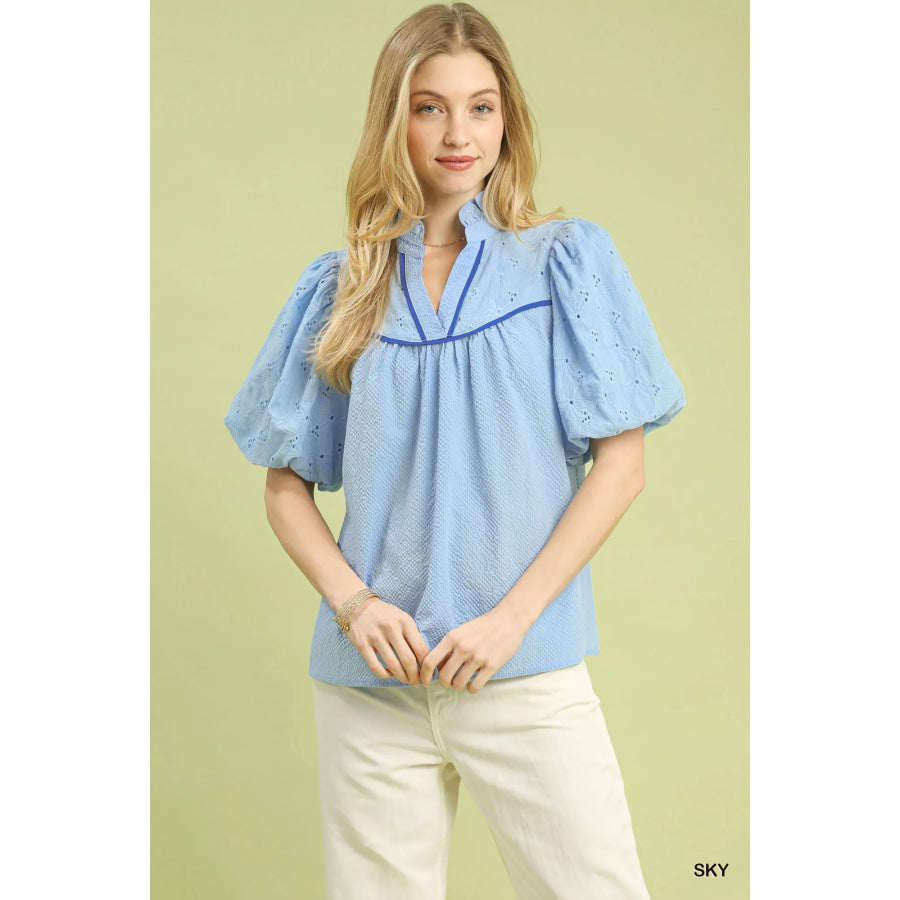 Umgee Puff Sleeve Eyelet Mix Top with Contrast Piping SKY / S Apparel and Accessories