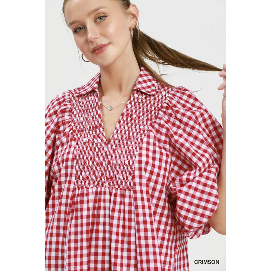 Umgee Puff Sleeve Plaid Midi Dress Apparel and Accessories