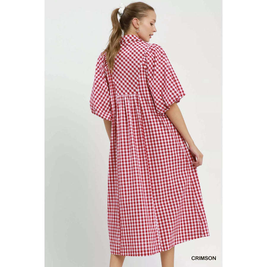 Umgee Puff Sleeve Plaid Midi Dress Apparel and Accessories
