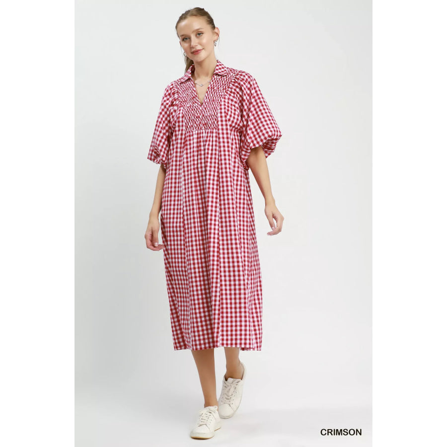 Umgee Puff Sleeve Plaid Midi Dress Apparel and Accessories