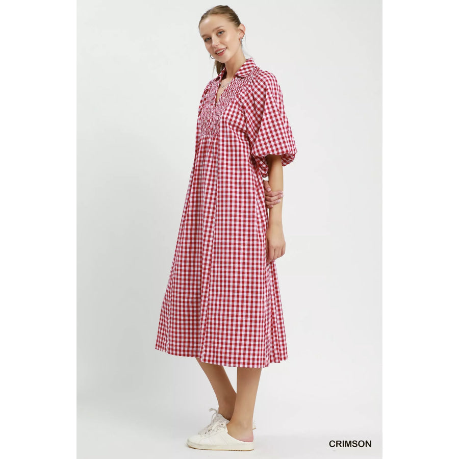 Umgee Puff Sleeve Plaid Midi Dress CRIMSON / S Apparel and Accessories