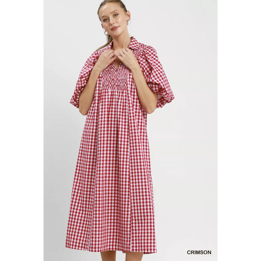 Umgee Puff Sleeve Plaid Midi Dress CRIMSON / S Apparel and Accessories
