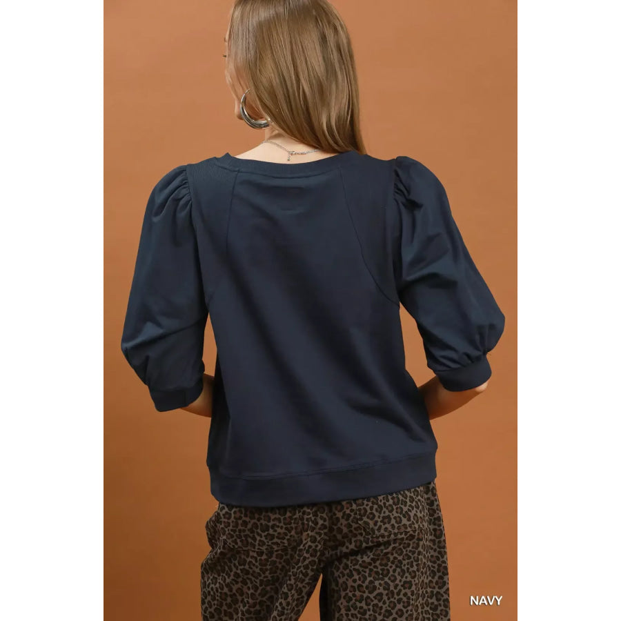 Umgee Puff Sleeve Round Neck Sweatshirt Apparel and Accessories