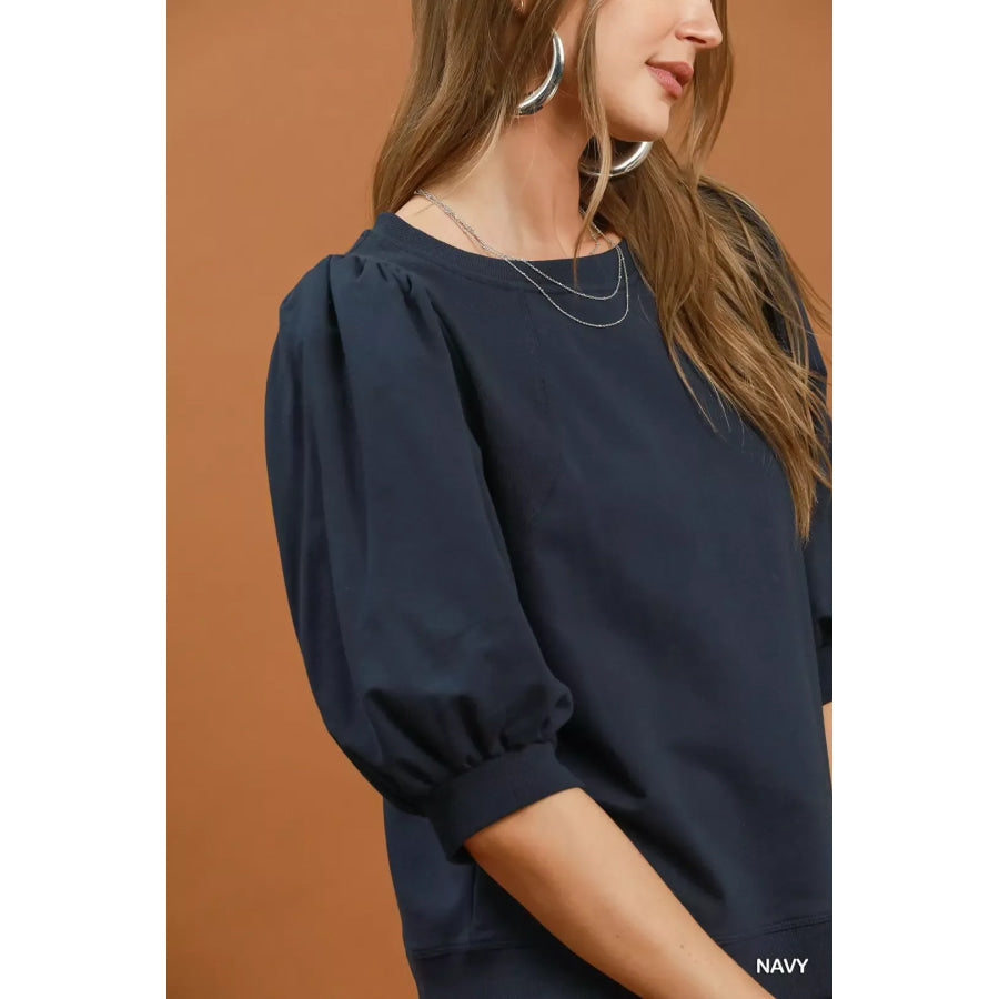Umgee Puff Sleeve Round Neck Sweatshirt Apparel and Accessories