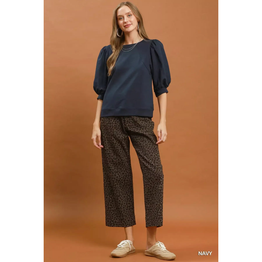 Umgee Puff Sleeve Round Neck Sweatshirt Apparel and Accessories