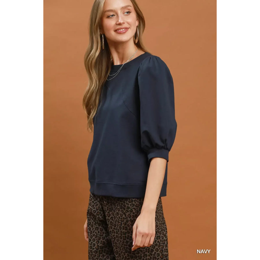 Umgee Puff Sleeve Round Neck Sweatshirt Apparel and Accessories