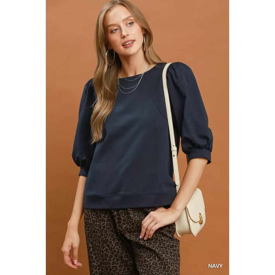 Umgee Puff Sleeve Round Neck Sweatshirt NAVY / S Apparel and Accessories