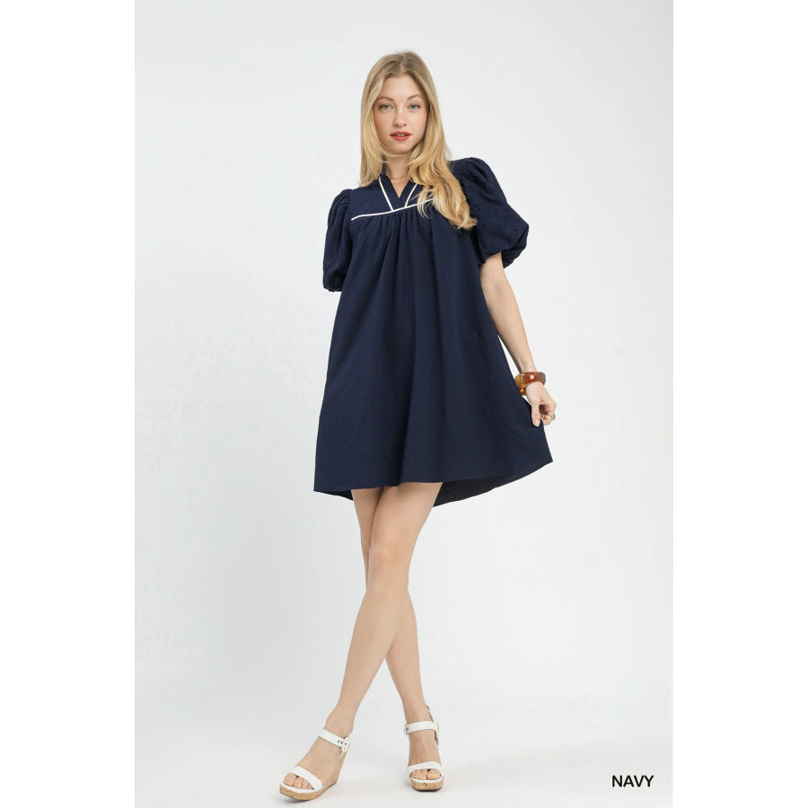 Umgee Puff Sleeve Textured Babydoll Dress Apparel and Accessories