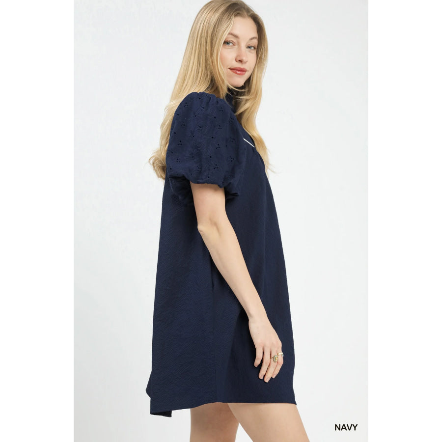 Umgee Puff Sleeve Textured Babydoll Dress Apparel and Accessories