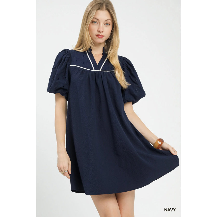 Umgee Puff Sleeve Textured Babydoll Dress NAVY / S Apparel and Accessories