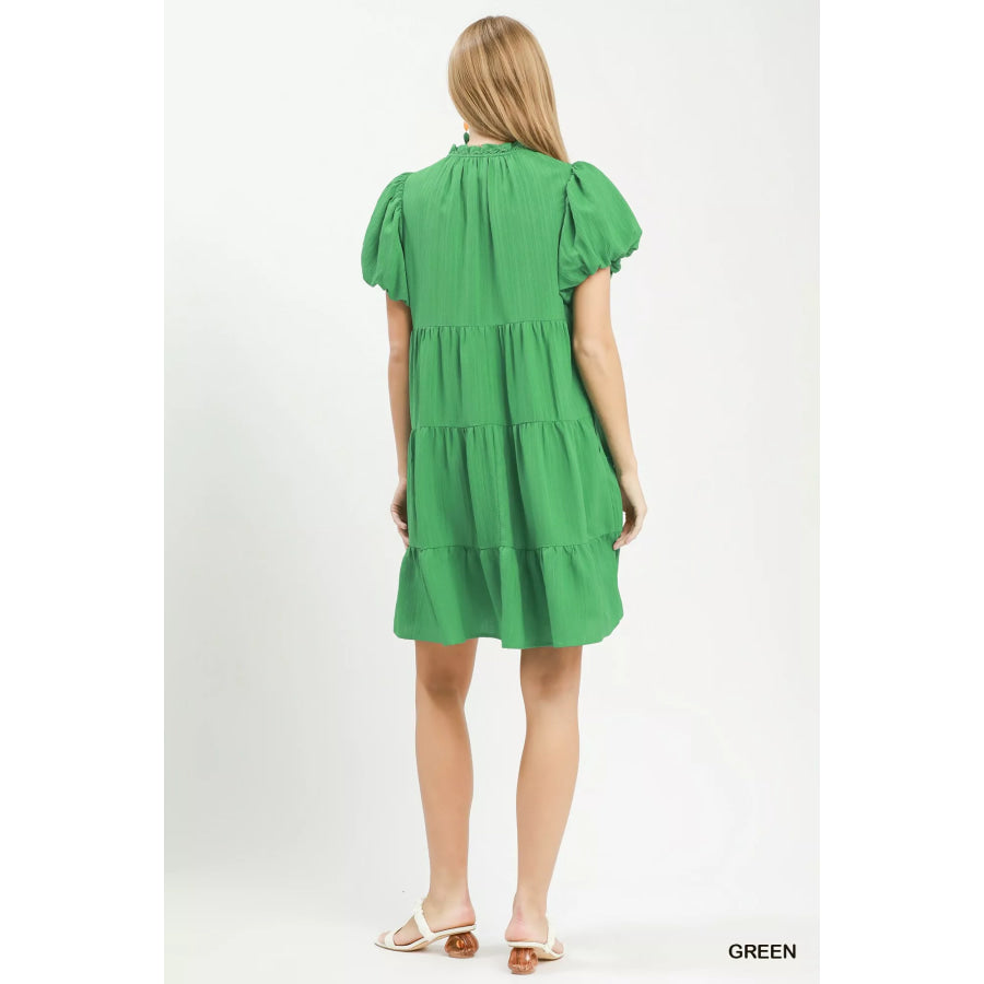 Umgee Puff Sleeve Tiered Babydoll Dress Apparel and Accessories