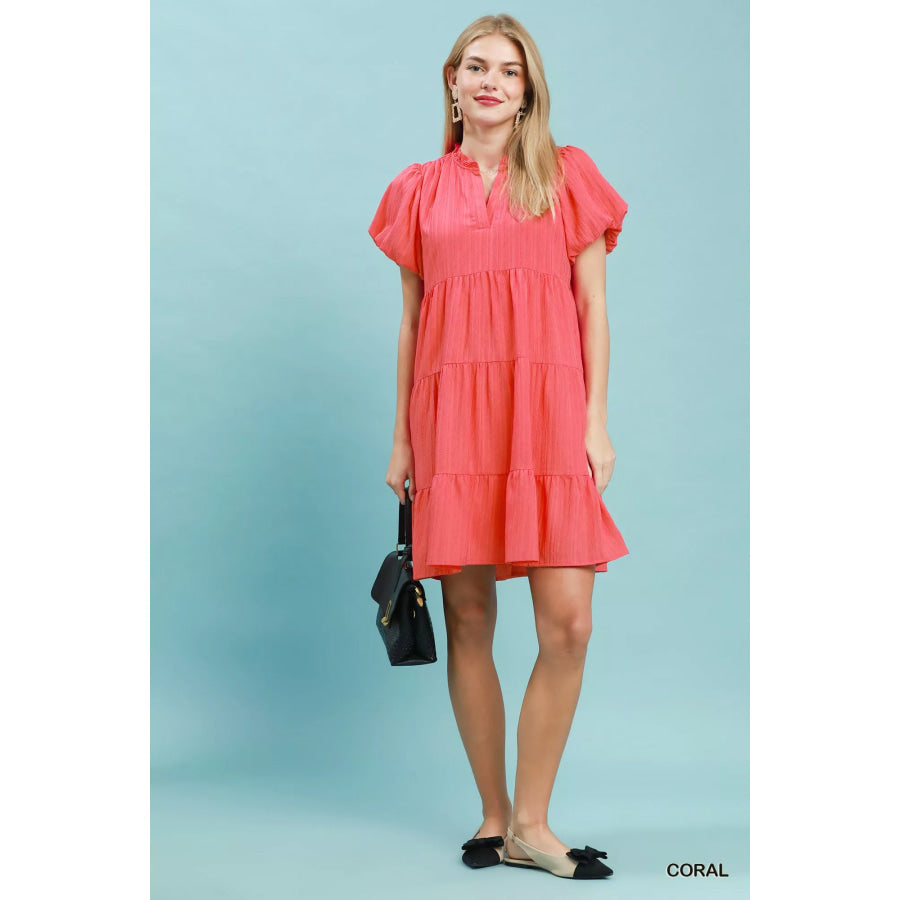Umgee Puff Sleeve Tiered Babydoll Dress Apparel and Accessories