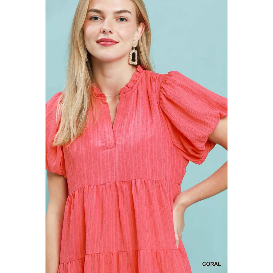 Umgee Puff Sleeve Tiered Babydoll Dress Apparel and Accessories