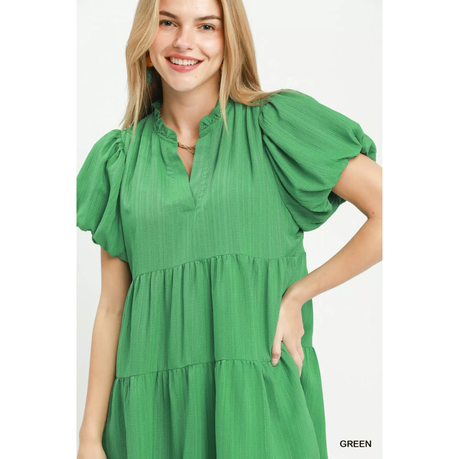 Umgee Puff Sleeve Tiered Babydoll Dress Apparel and Accessories