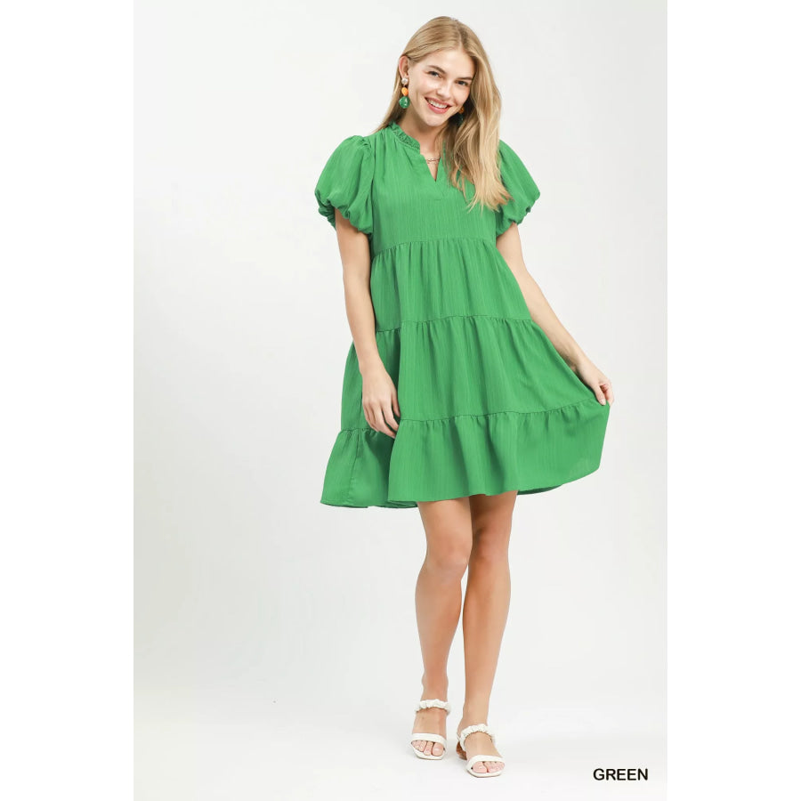Umgee Puff Sleeve Tiered Babydoll Dress Apparel and Accessories