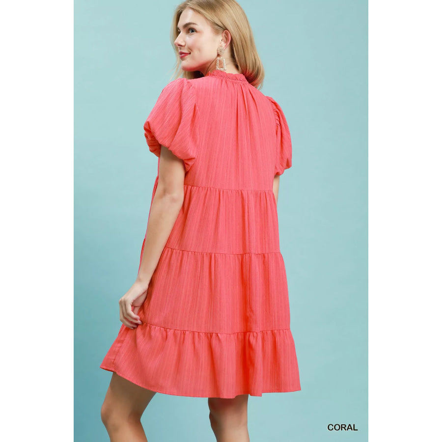 Umgee Puff Sleeve Tiered Babydoll Dress Apparel and Accessories