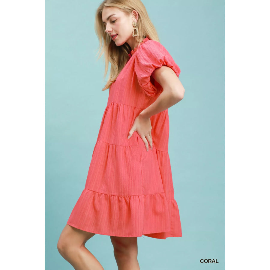 Umgee Puff Sleeve Tiered Babydoll Dress CORAL / S Apparel and Accessories