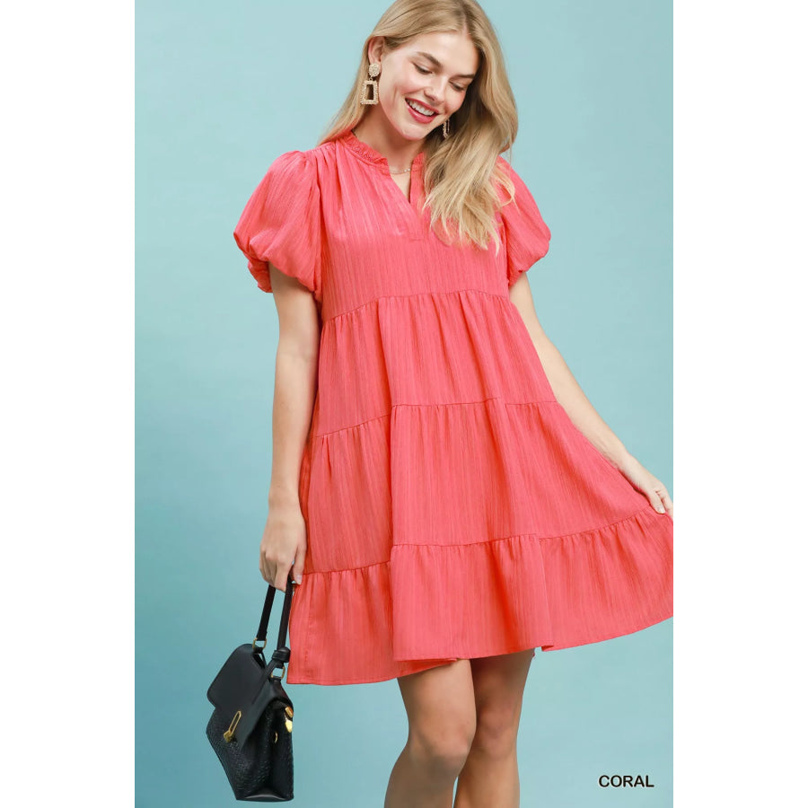 Umgee Puff Sleeve Tiered Babydoll Dress CORAL / S Apparel and Accessories