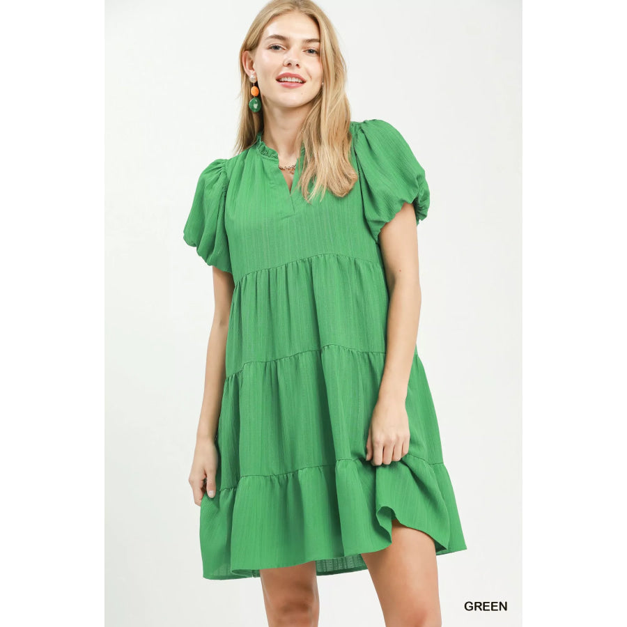 Umgee Puff Sleeve Tiered Babydoll Dress GREEN / S Apparel and Accessories
