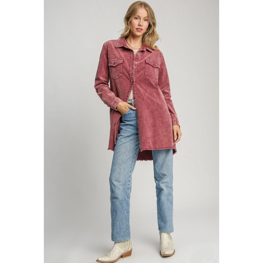 Umgee Raw Hem Button Down Denim Jacket with Chest Pockets Apparel and Accessories