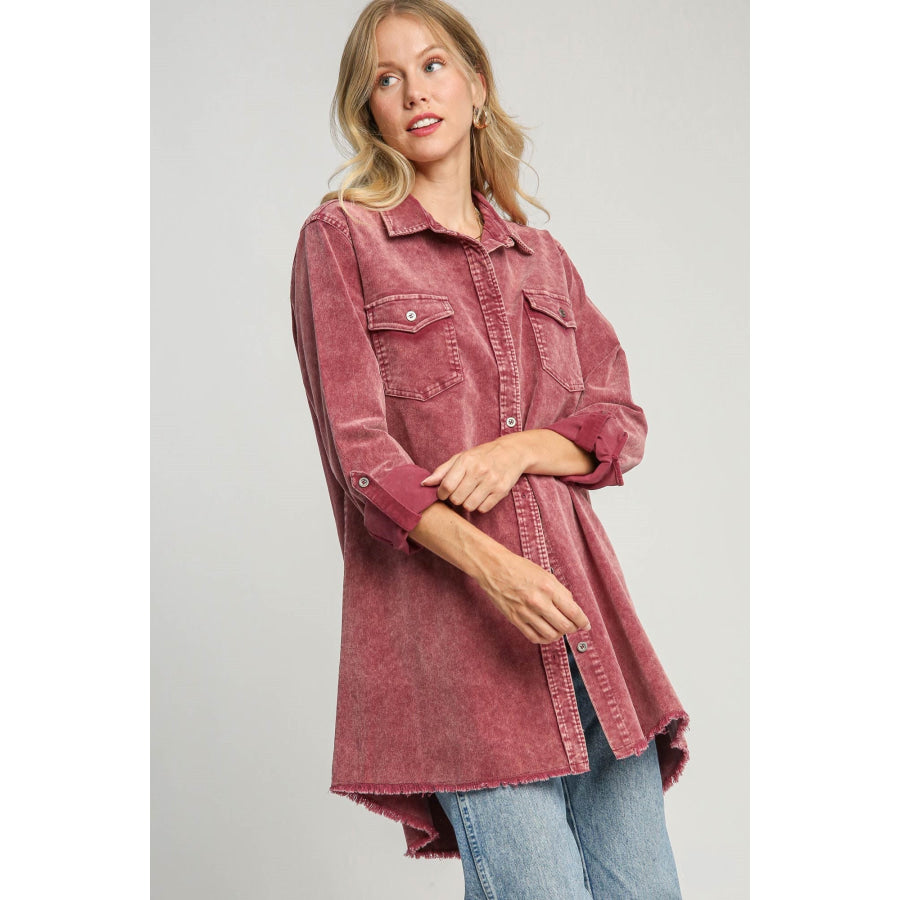 Umgee Raw Hem Button Down Denim Jacket with Chest Pockets Apparel and Accessories