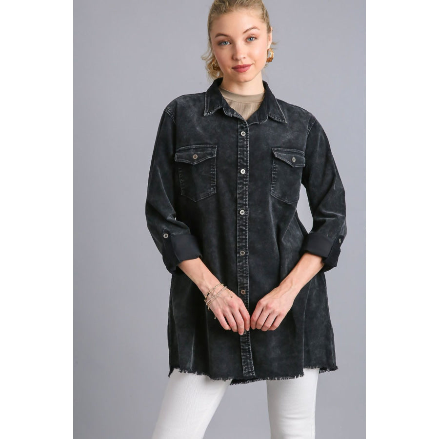 Umgee Raw Hem Button Down Denim Jacket with Chest Pockets Black / S Apparel and Accessories