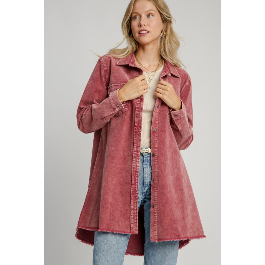 Umgee Raw Hem Button Down Denim Jacket with Chest Pockets Wine / S Apparel and Accessories