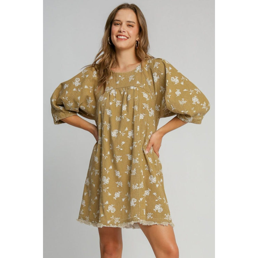 Umgee Raw Hem Floral Print Round Neck Denim Dress Apparel and Accessories