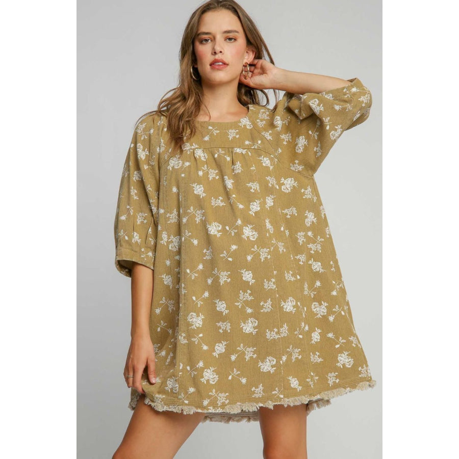 Umgee Raw Hem Floral Print Round Neck Denim Dress Mocha / S Apparel and Accessories