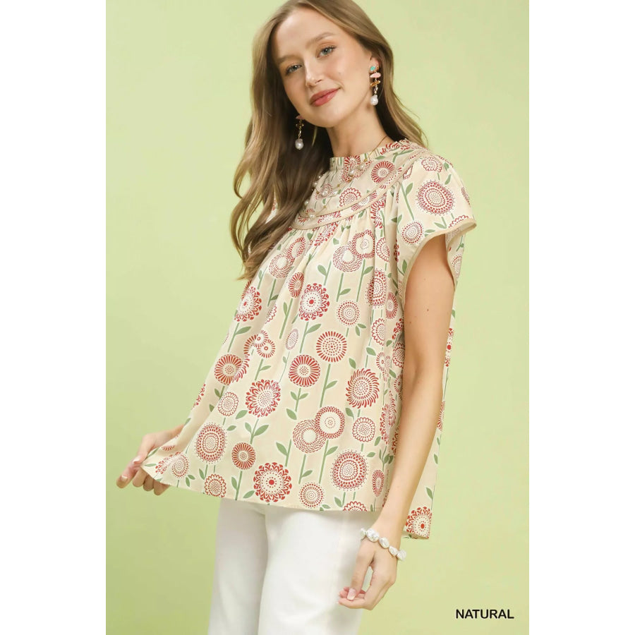Umgee Retro Floral Smocked Babydoll Blouse Apparel and Accessories
