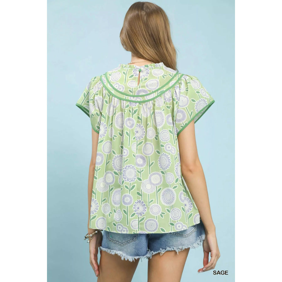 Umgee Retro Floral Smocked Babydoll Blouse Apparel and Accessories