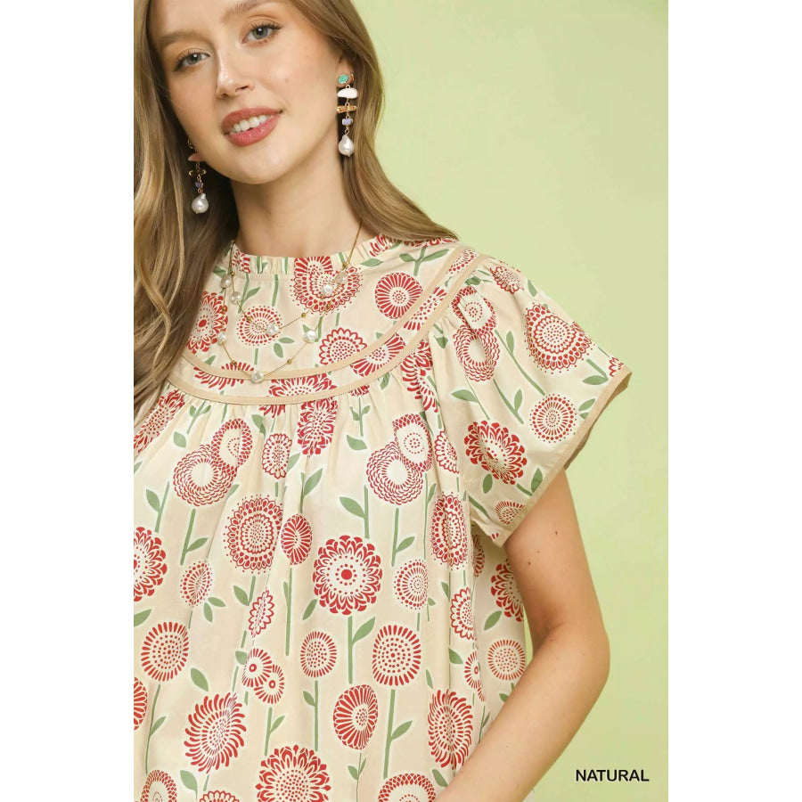Umgee Retro Floral Smocked Babydoll Blouse Apparel and Accessories