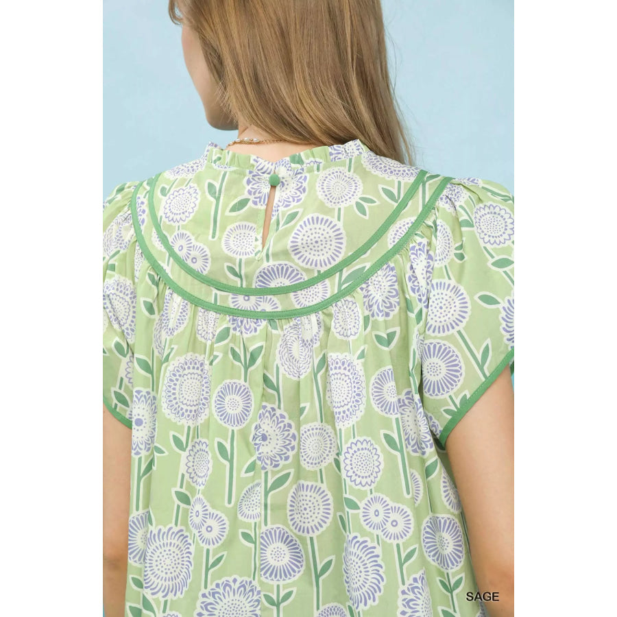 Umgee Retro Floral Smocked Babydoll Blouse Apparel and Accessories