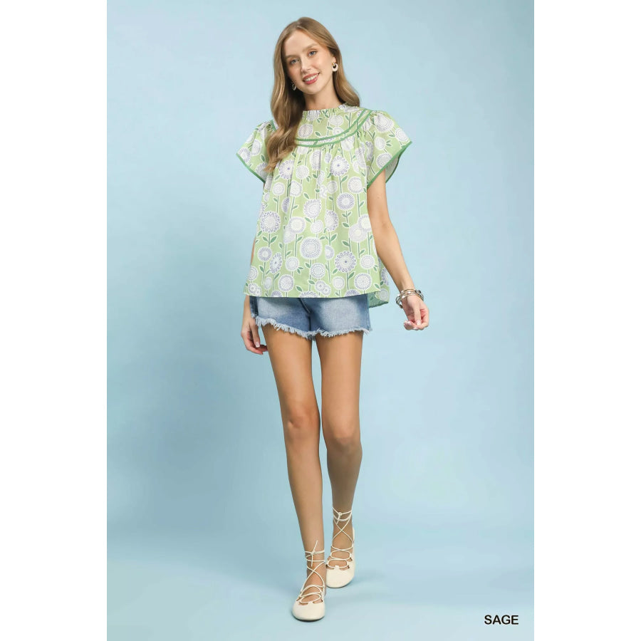Umgee Retro Floral Smocked Babydoll Blouse Apparel and Accessories