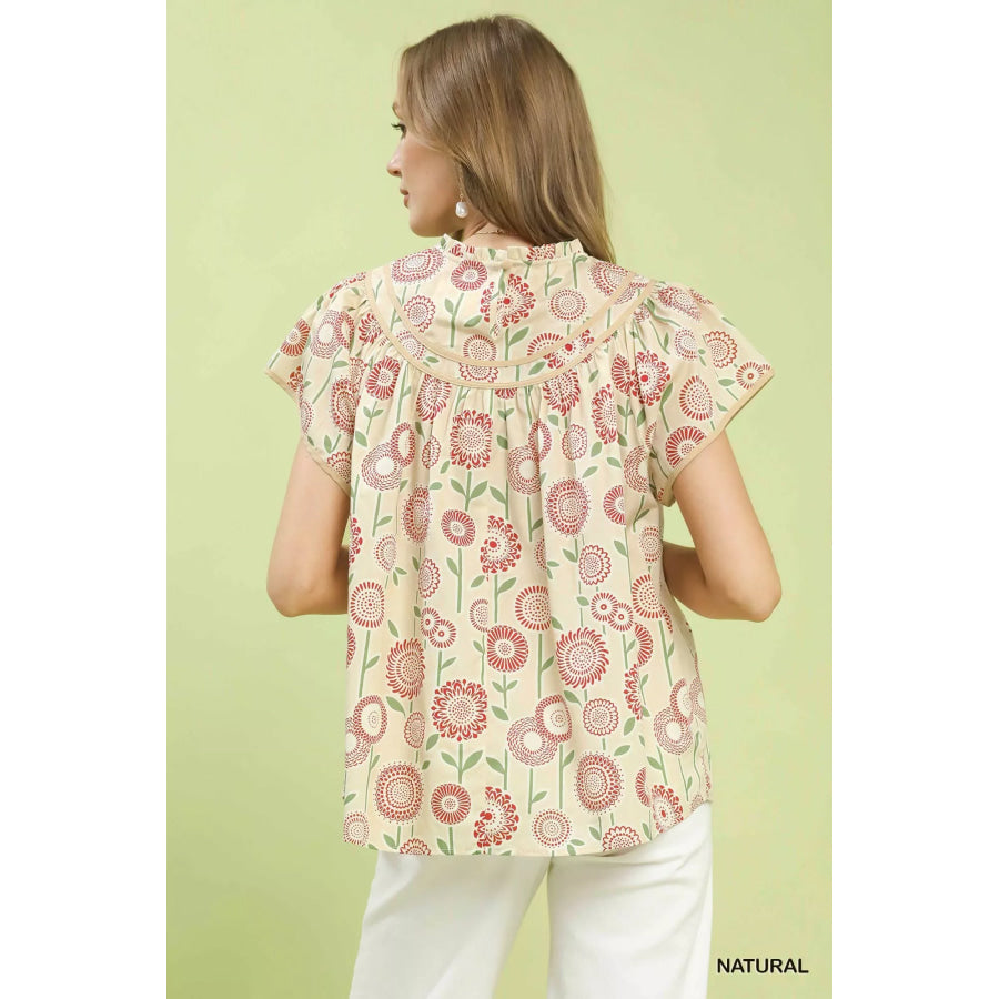 Umgee Retro Floral Smocked Babydoll Blouse Apparel and Accessories