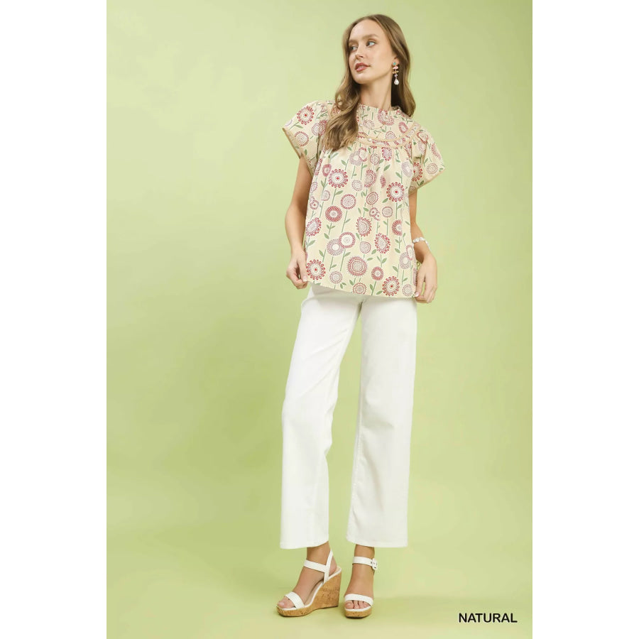 Umgee Retro Floral Smocked Babydoll Blouse Apparel and Accessories